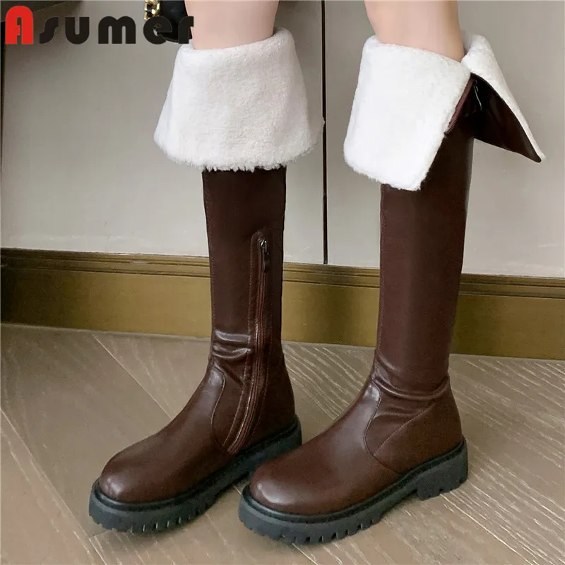 

ASUMER 2024 New Round Toe Microfiber Over The Knee Boots Ladies Platform Warm Winter Boots Square Med Heels Zipper Boots