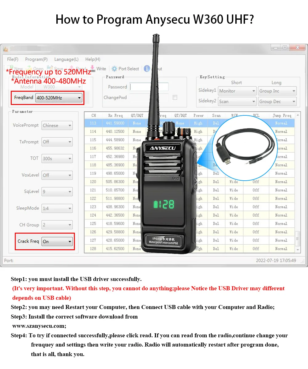 Anysecu W360 IP68 Water-proof Two Way Radio with Active View Screen Design VHF 136-174MHz or UHF 400-520MHz 4