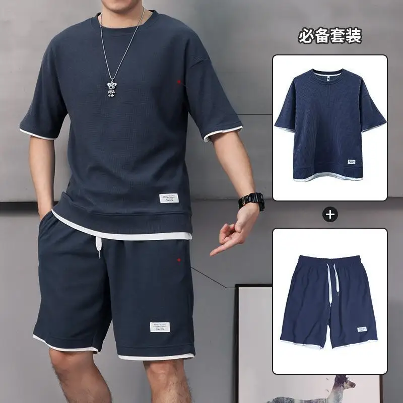 

Summer Men's Sets Casual Loose Solid Color Round Neck Short Sleeve T-Shirt Elastic Waist Shorts Two Piece Suit