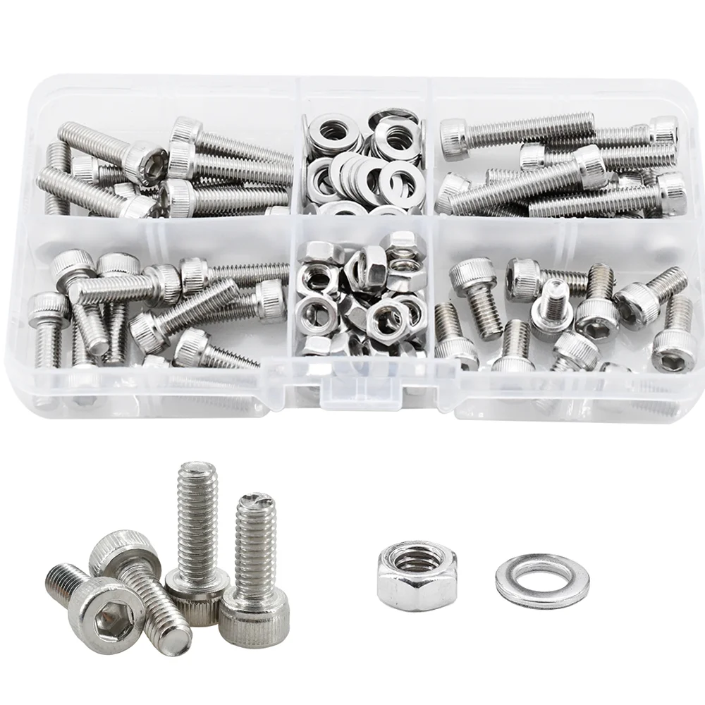 Boxed M2 M3 M4 M5 M6 Hex Socket Screw Allen Cap Head Screw Bolt Nut Washer Kit DIN912 304 Stainless Steel Bolts Nuts Assortment