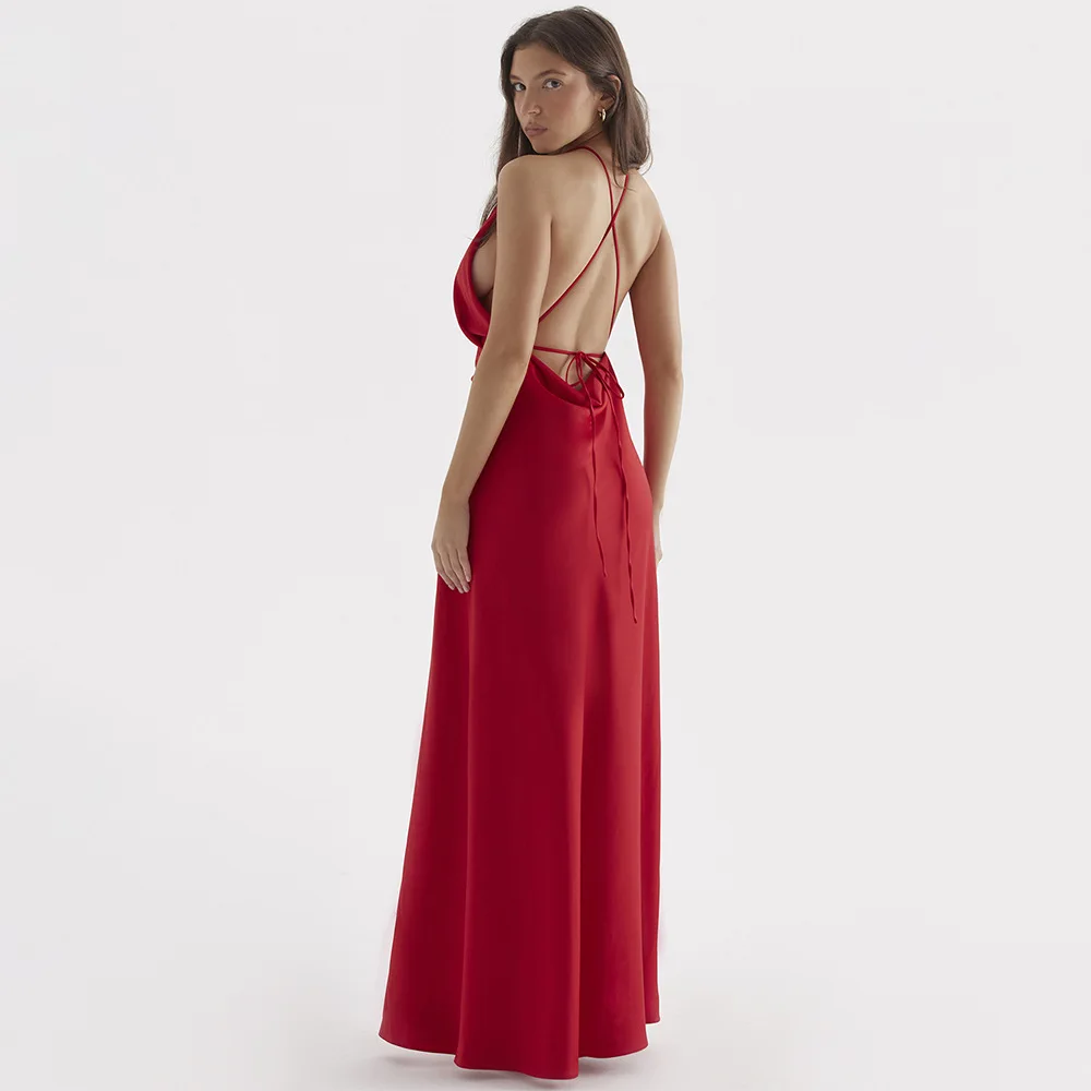 Mingmingxi White Backless Maxi Prom Dress Sexy Satin Evening Dresses for Dancing Parties Lace Up Dresses for Women 2023 Lined