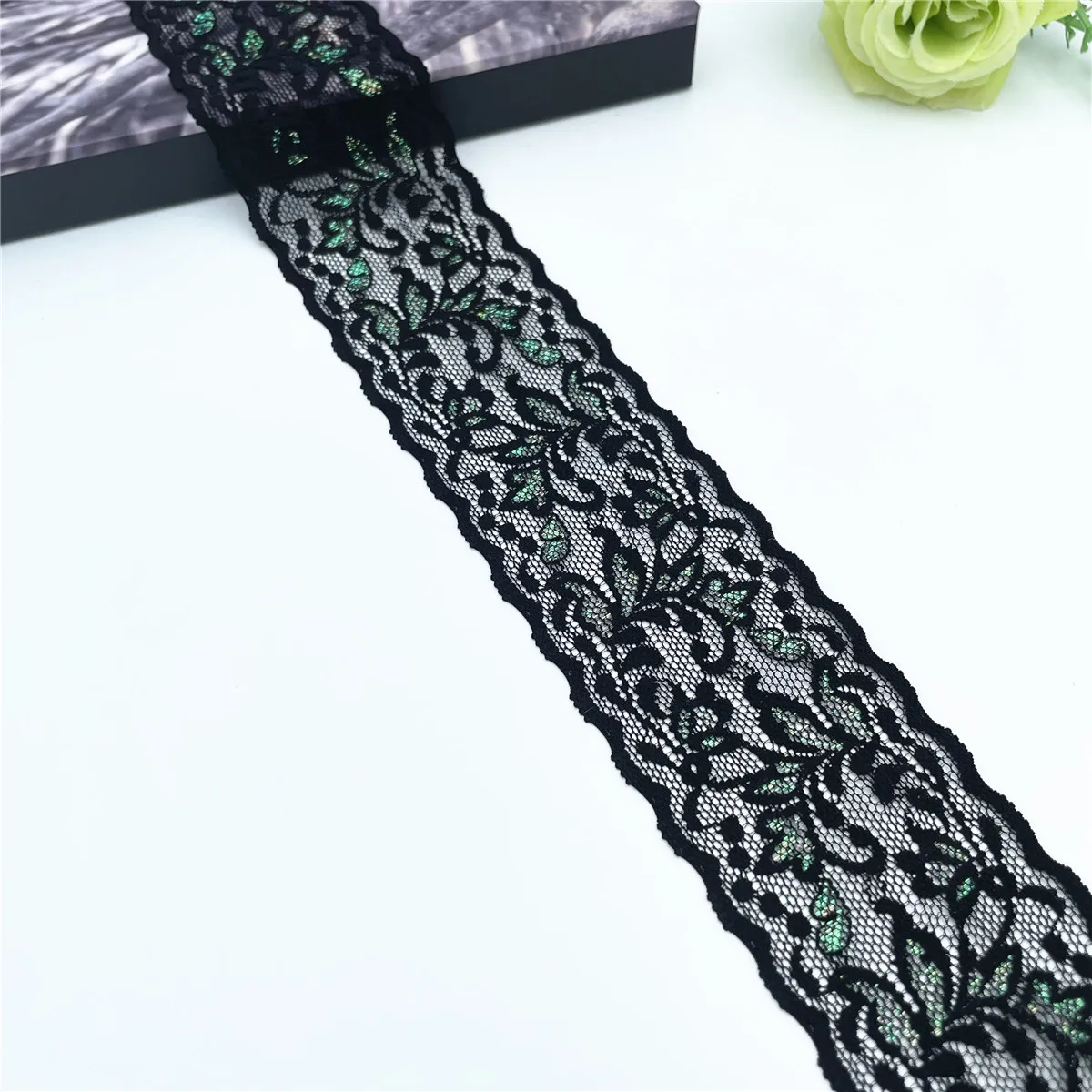 6y/Lot Width2.50~7cm Black Silver Shimmer Narrow Elastic Lace Trim 4