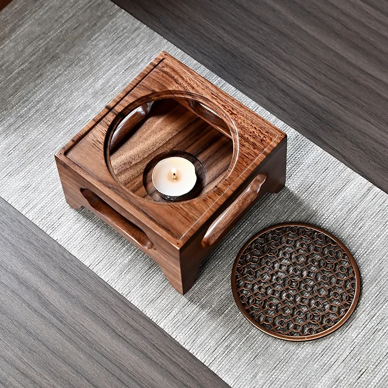 Chinese-Style Tea Cooker for Aromatherapy and Tea Ceremony Handmade Solid Wood Heating Base Zen Walnut Four-Legged Stove