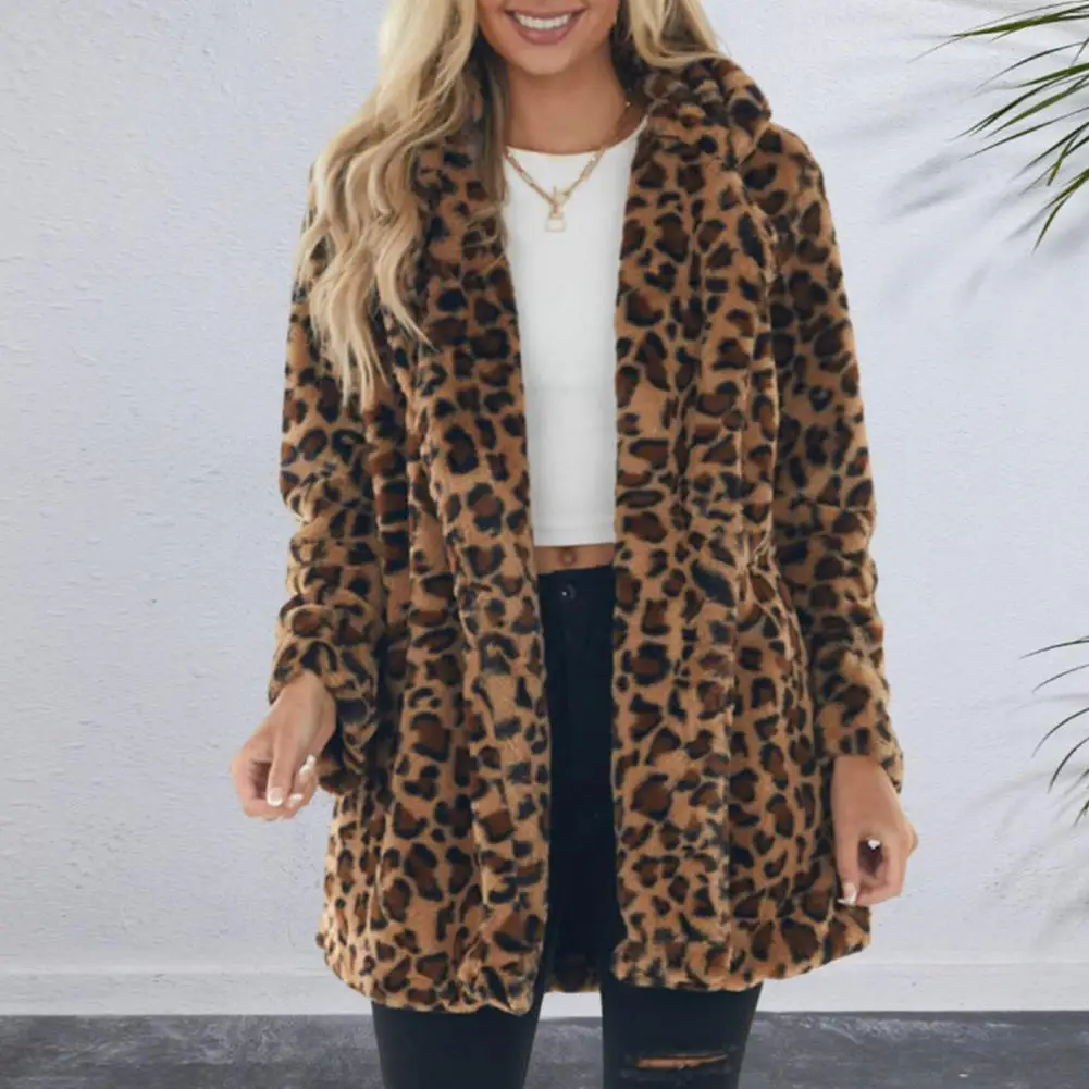 

Imitation Fur Jacket Leopard Print Plush Coat for Women Stylish Windproof Mid Length Overcoat with Pockets Lapel Long-sleeve