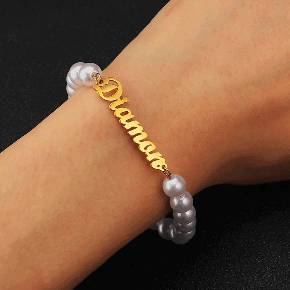 

Customized Name Bracelet for Women Personalized Stainless Steel Bangle Imitation Pearl Chain Adjustable Jewelry Birthday Gifts