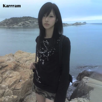 Karrram T-shirt con stampa tatuaggio giapponese Y2k Grunge gotico manica lunga irregolare Top nero Vintage Harajuku Streetwear Trashy anni 2000 1