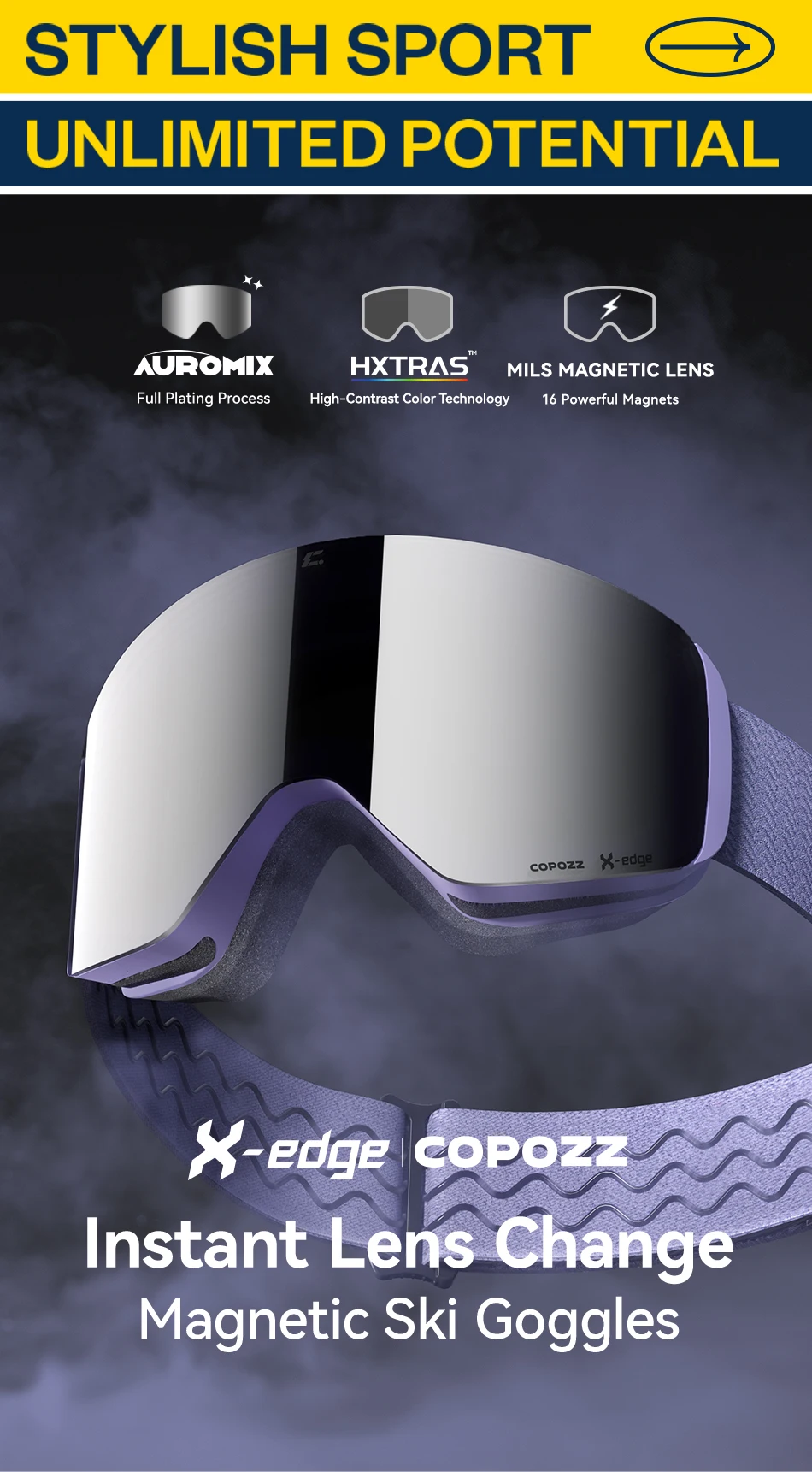 COPOZZ X-edge Serie Männer Frauen Doppelschichten Antibeschlag Skibrille Schneemobilbrille Schnee Snowboardbrille mit magnetischen Gläsern – Detail 1