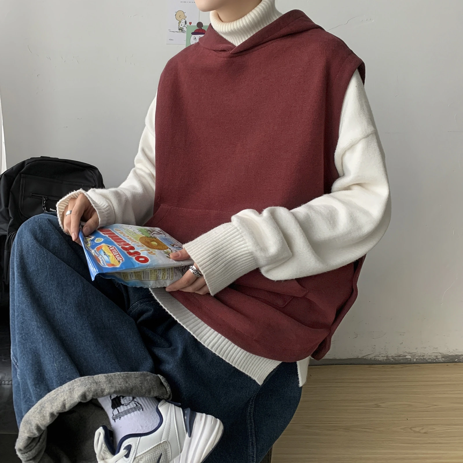 

Hybskr Hoody Sleeveless Knit Vest Sweater Men Loose Autumn Fashion Waistcoat Harajuku Hooded Sweatshirts Stree Male Tops Tank