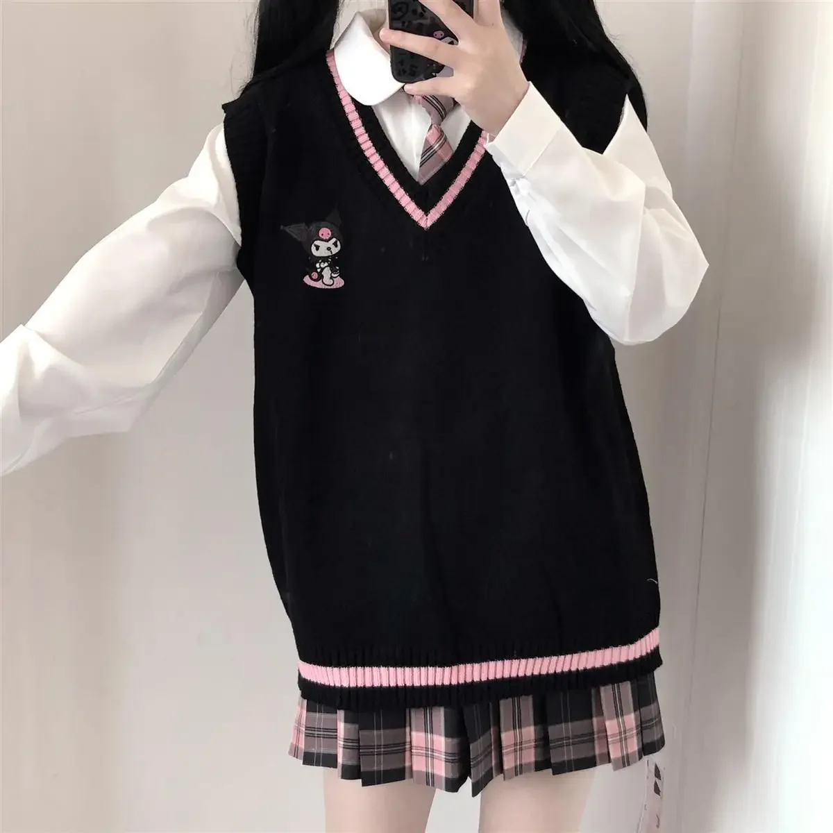 Japanese cute Sanrio Kuromi women sweater college style uniform knit sweater vest loose My Melody girl sweet sleeveless women sweater