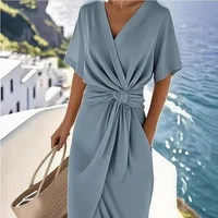 Robes pour femmes 2026 nouvelle mode couleur unie enroulée à lacets col en V fendue nouée mi-mollet vêtements pour femmes vestidos 2