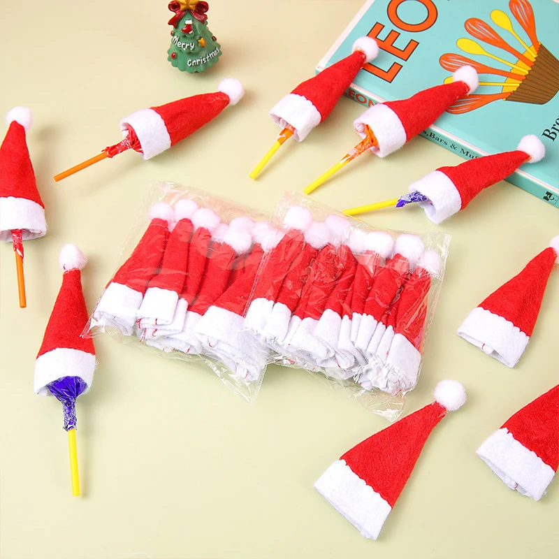 10Pcs Mini Santa Hat Non-Woven Fabric Lollipops Caps for Christmas Wine Bottle Covers Xmas Bottles Holder Table Dinner Decorations christmas beanie hat,christmas hat holder