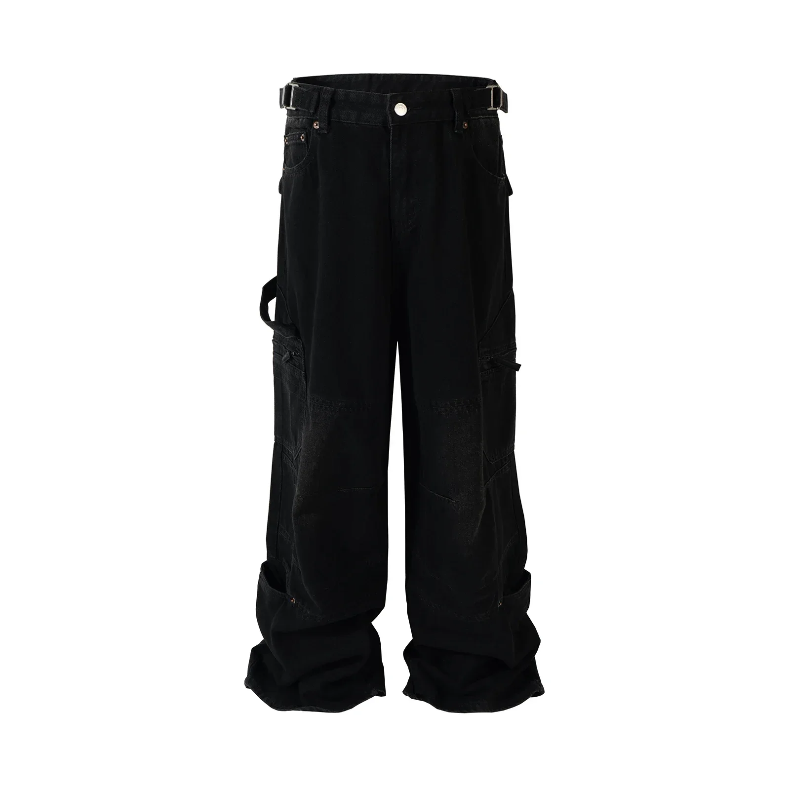 Description Picture 6 of itemHigh Street Multi-pocket Washed Black Cargo Pants for Men Wide Leg Baggy Casual Jeans Oversized Baggy Denim Trousers
