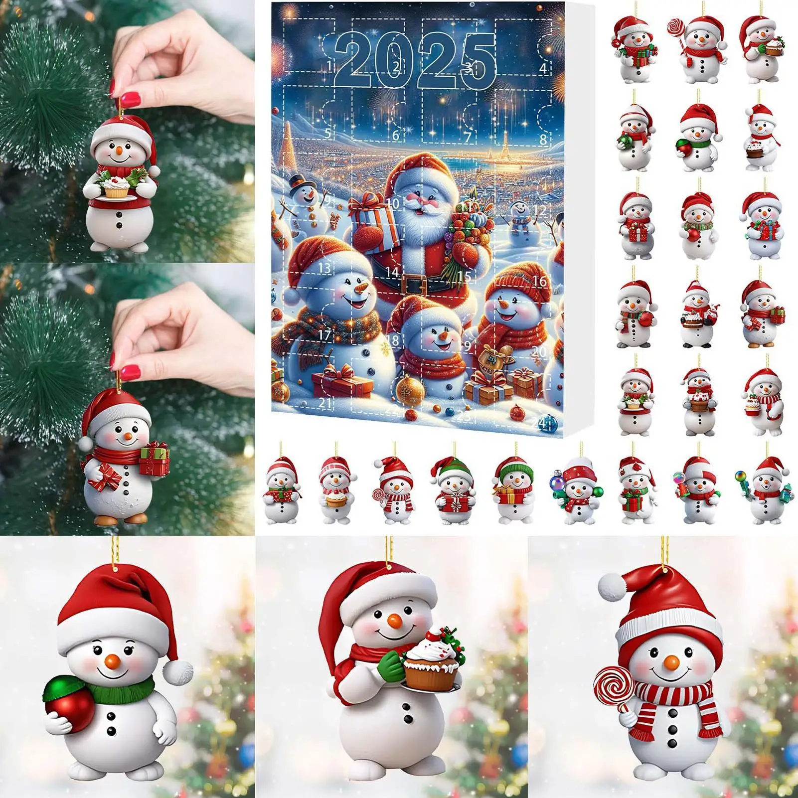 Christmas Countdown Ornaments 2D Acrylic Snowman Pendants Advent Decoration Christmas Countdown Hanging for Xmas Tree