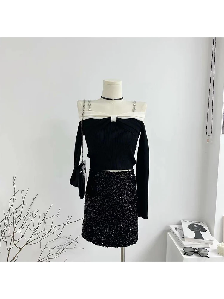 

Women Black Gothic Pullover Knitted Slim Sweater Y2k 90s Aesthetic Vintage Off Shoulder Long Sleeve Jumper Sweater 2000s Clothes
