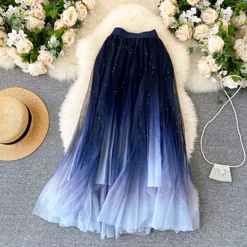 

Bling Skirt Fairy Starry Metallic A-line Long Tulle Skirt Gradient Color Lush Puff Maxi Long Mesh Skirts Woman Clothes
