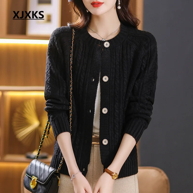 

XJXKS Round Neck Long-sleeved Single-breasted Cardigan Women's Sweater Coat 2023 Autumn And Winter New Wool Knitted Jacket