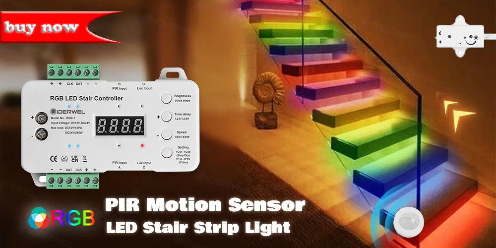Description Picture 3 of itemPIR sensor Stair light strip under cabinet motion night light 24V Addressable LED Strip Lights for stair 2 side handrail