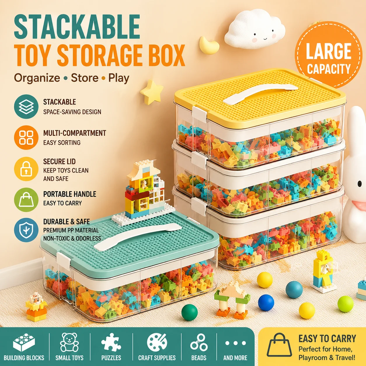 Organizzatore impilabile per blocchi da costruzione, contenitore trasparente in plastica per giocattoli LEGO, mattoncini e forniture per il fai da te
