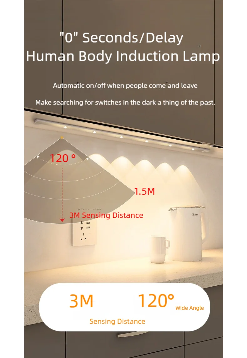 3Colors Superthin Rechargeable Motion Sensor Intelligent LED Under Cabinet Smart Night Light Closets Kitchen Stairs Cabinets cabinet light