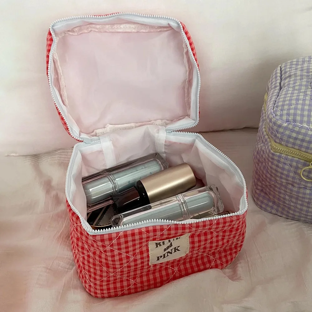 Large Capacity Cotton Makeup Bag Women Checkered Brushes Storage Bag Sweet Cute Travel Toiletry Bag Casual Ladies Soft Organizer 5