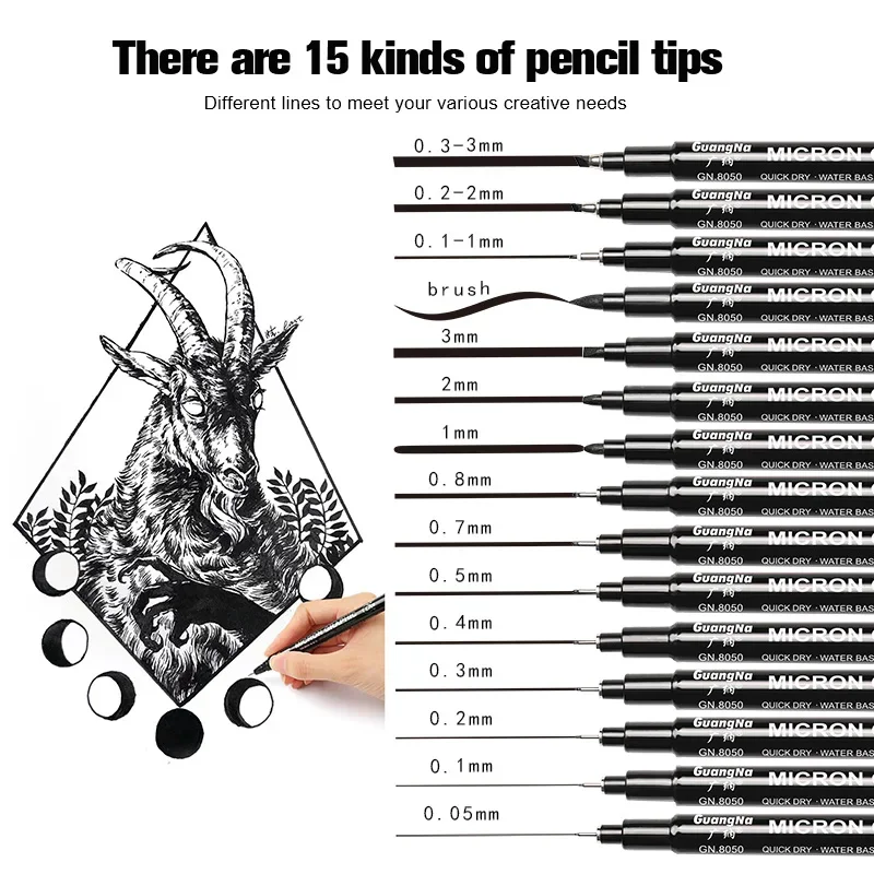 15Pcs/set Hand Lettering Neelde Drawing Pen Pigment Liner Micron Pen 005 01 02 03 04 05  Brush Fineliner Sketching Art Markers 6
