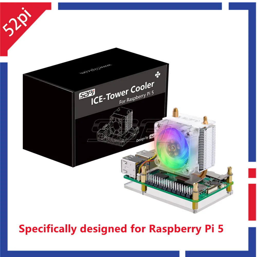 52Pi  Raspberry Pi 5 ICE-Tower Cooler CPU RGB LED Light Cooling Fan Raspberry Pi 5 cooler