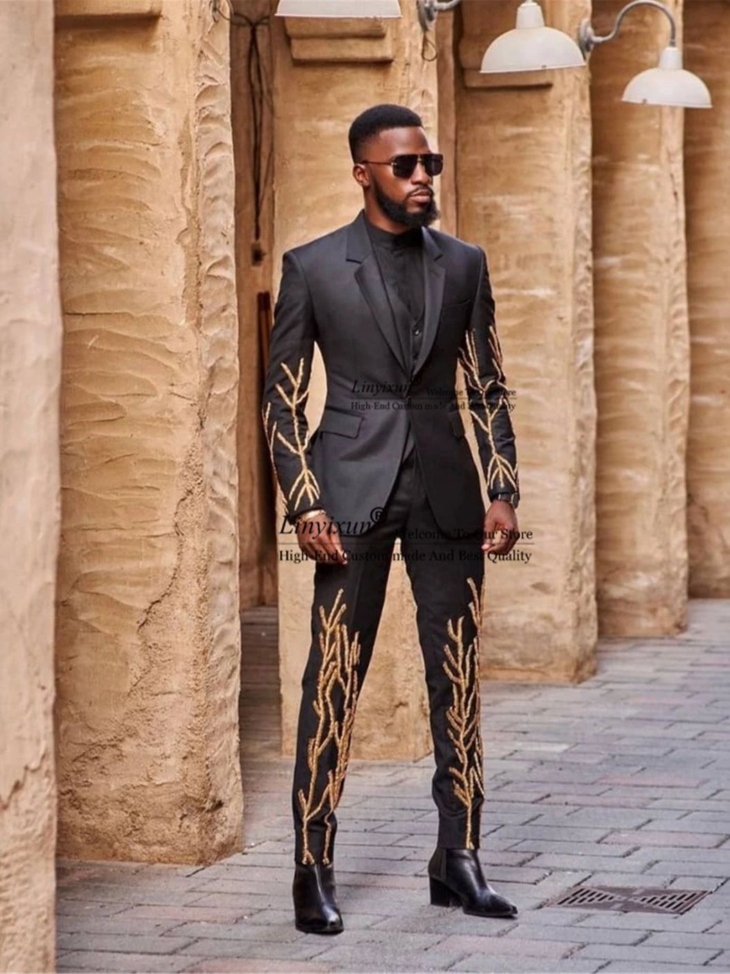 Luxury Men Suits Gold Beads Slim Fit Men Notch Lapel Wedding Suits One Button 3 Pieces Male Prom