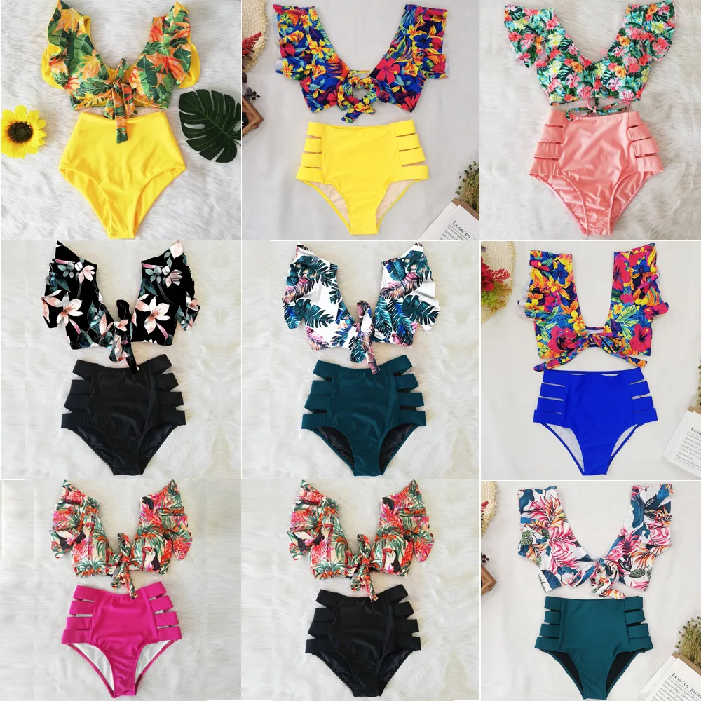 

Sexy Bikini 2023 Women Ruffled Bikini New Printed Swimsuit V Neck High Waist Swimwear Bathing Suit