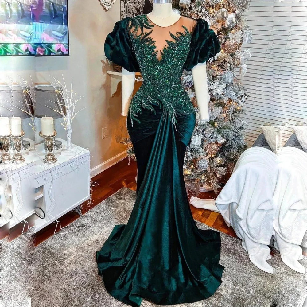 

2024 Dark Green Formal dress Velvet Mermaid Prom Dresses Short Puffy Sleeves Beads Crystals Robe de soirée Vestidos de fiesta