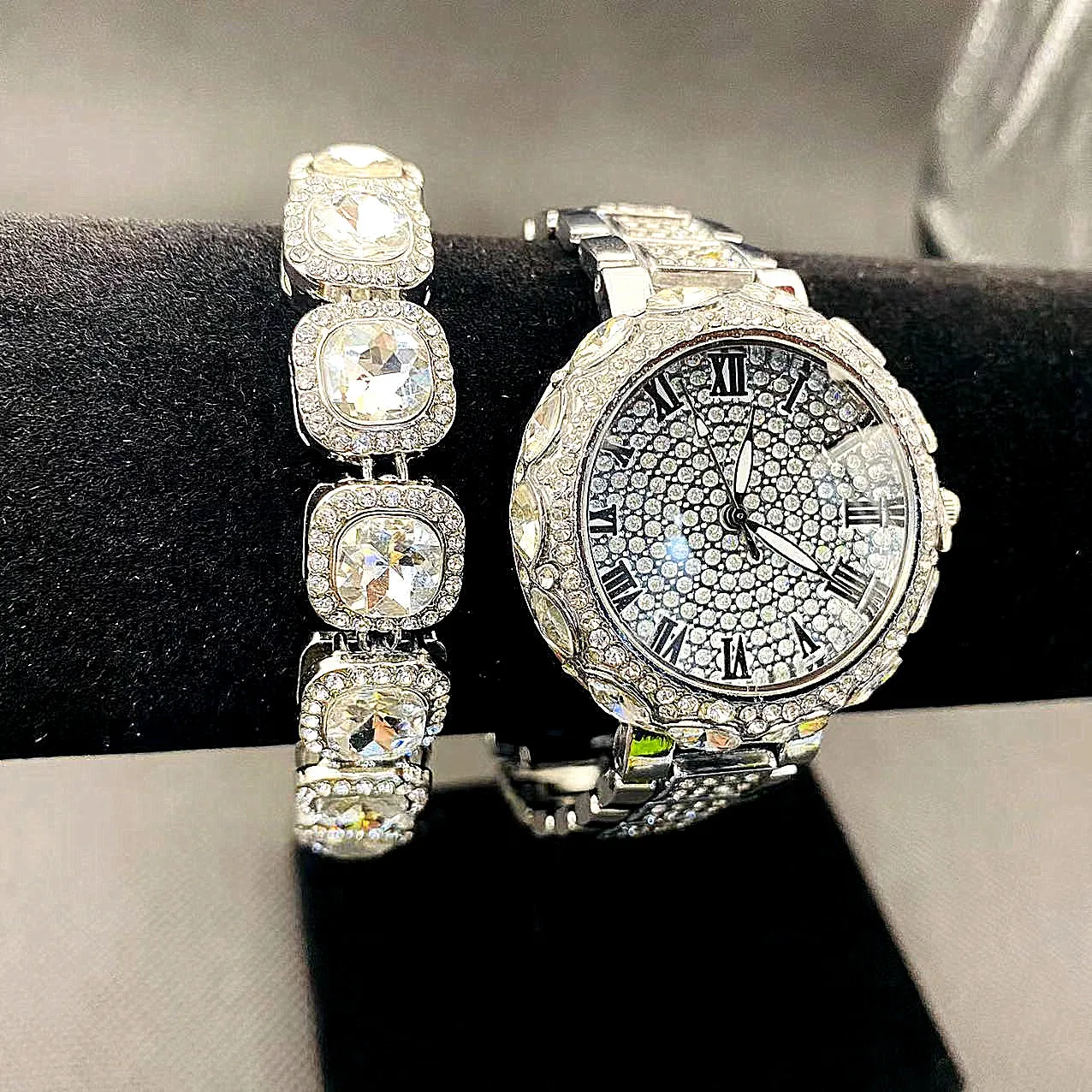 3PCS Iced Out Watches for Women Diamond Crystal Gold Watch Chain Bracelet Necklaces Bling Jewelry for Women Watch Quartz Reloj
