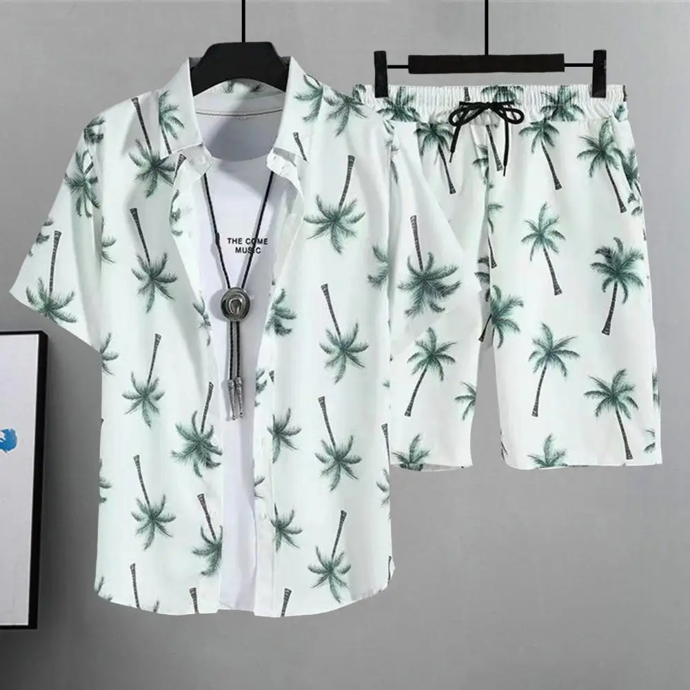 

2Pcs Hawaiian Style Shirt Shorts Set Single Breasted Tropical Leaves Print Outfit Elastic Drawstring Waist Pockets Shorts Set
