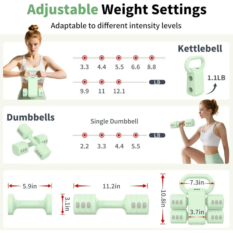 2-in-1 Adjustable Dumbbells Set, 4 Levels Weight Dumbbells Set for Women Men, Each 2.2/3.3/4.4/5.5lb Hand Weights with Kettlebel