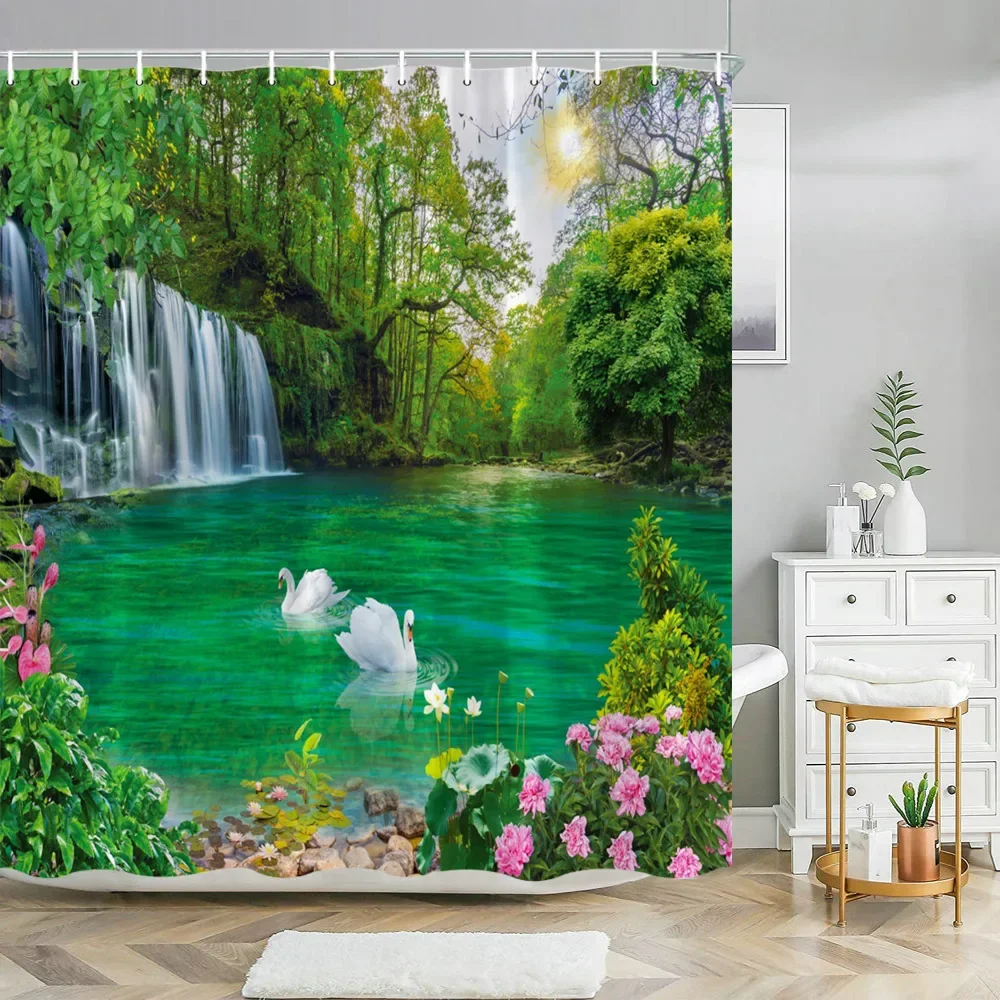 

Forest Waterfall Landscape Shower Curtain Outdoor Garden Poster Tropical Plants LandscapePolyester Shower Curtain Bathroom Decor