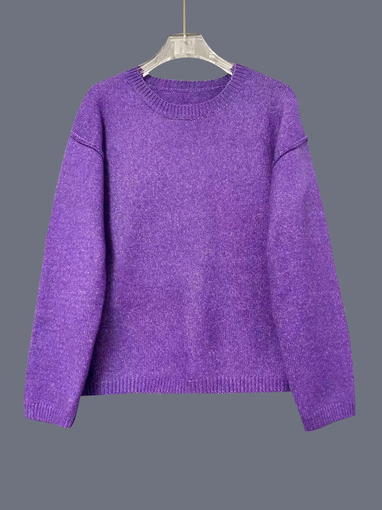 Autumn and Winter New Women's Clothing Purple Crew Neck Long-sleeved Sweater Fashionable and Elegant Knitwear Casual Loose Top