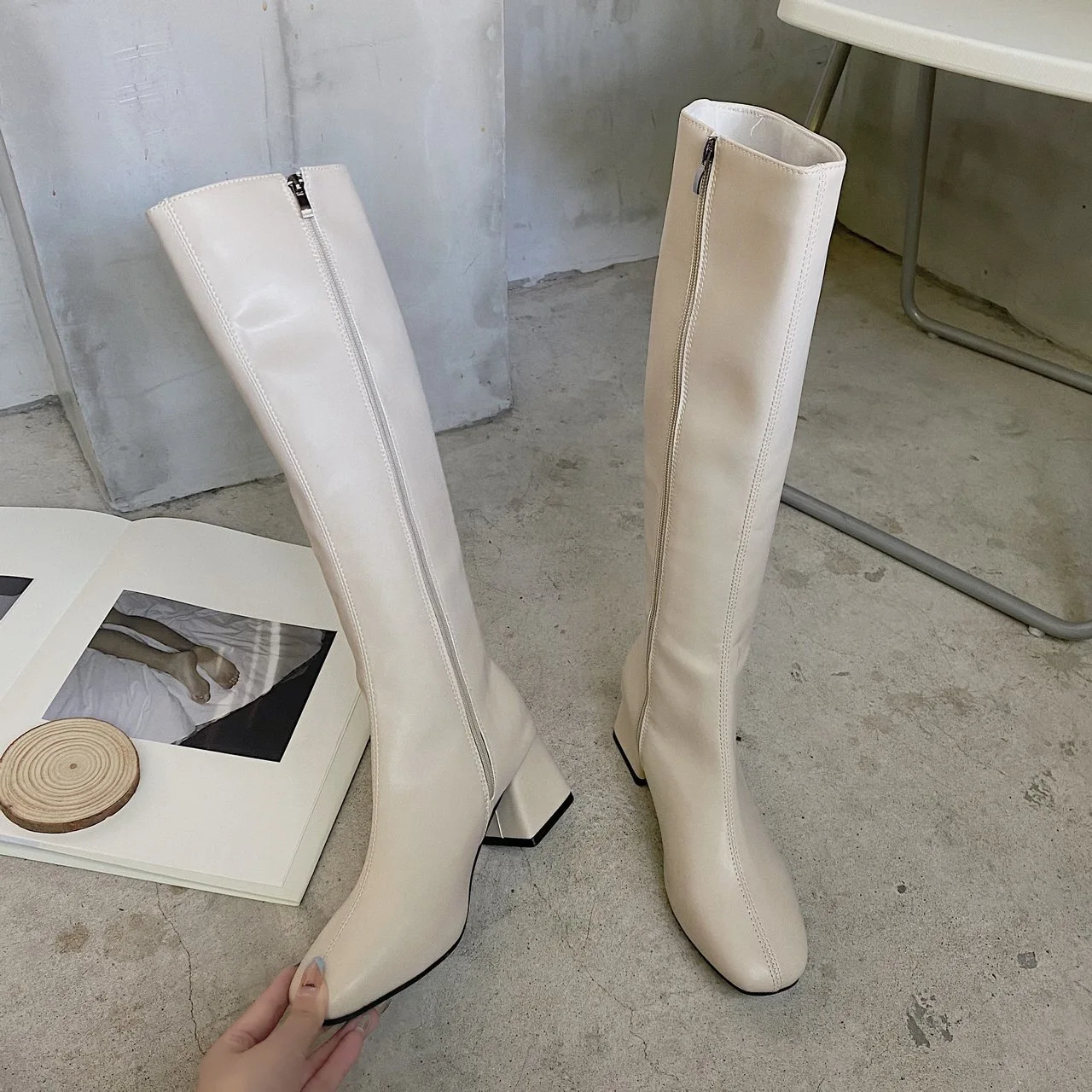 Women Thigh High Boots Women Casual Plush Knee Boots High heeled knight boots Ladies Leather Long Boots White Black Shoes Large