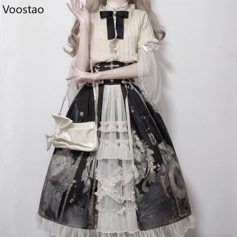 Lolita Dress Victorian Vintage Gothic Women Elegant Chic Lace Mesh Bow Shirts Butterfly Print Skirt Suit Sweet Princess Set