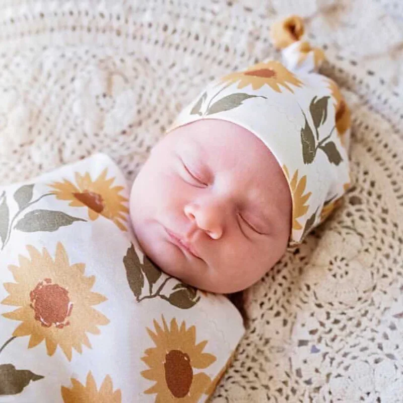 

New Born Muslin Swaddle Bedding Blanket with Hat Sunflower Print Baby Born Receiving Blanket Infant Sleeping Bag Cocoon Sacks