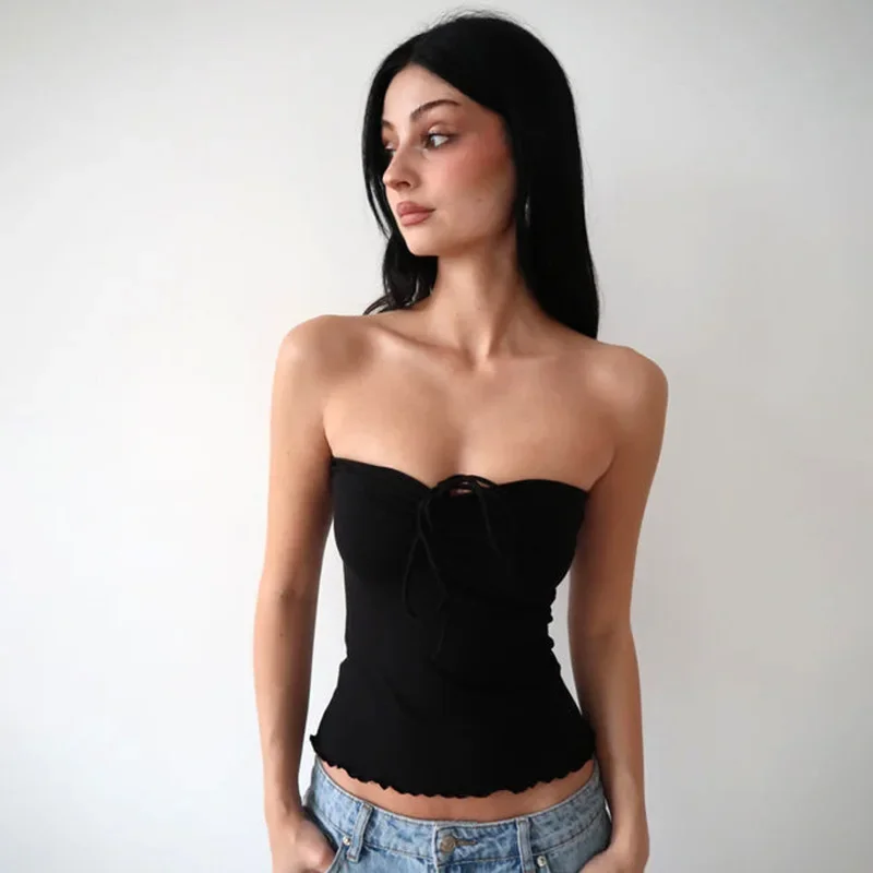 Top de una pieza informal corto con dobladillo enrollado para mujer, moda de verano, top bandeau de color liso, top sexy con cuello de encaje y sin mangas.