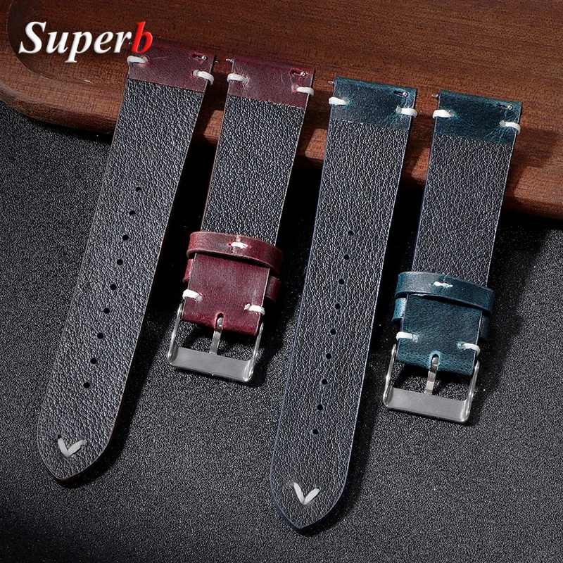 Handmade Retro Oil Wax Genuine Leather Watch Strap - Quick Release Calfskin