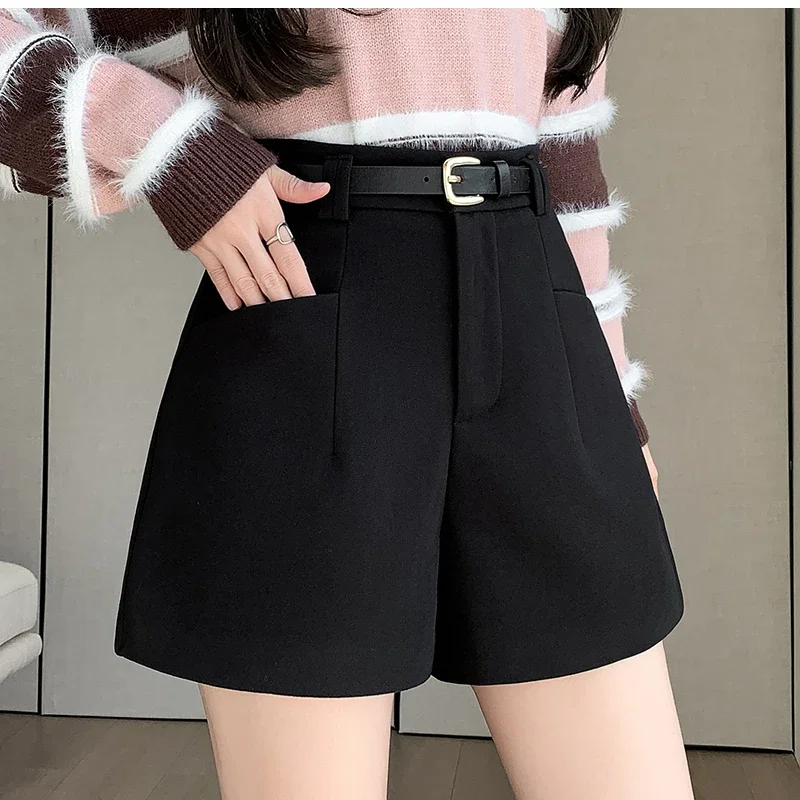 Duomofu Stylish Women's Casual Solid High Waist Wide Leg Shorts with Pocket Loose Woolen Suit Shorts Business Boot Shorts S-XL