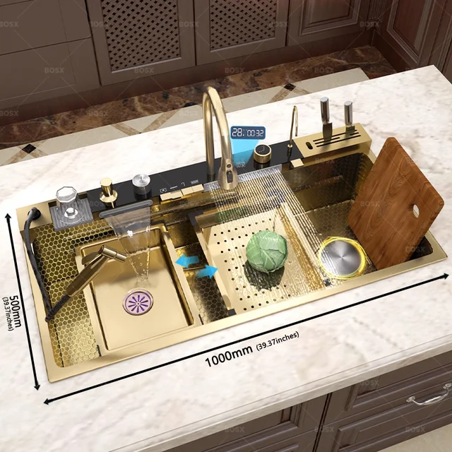 น้ําตกอ่างล้างจานสแตนเลสมัลติฟังก์ชั่จอแสดงผลดิจิตอลก๊อกน้ําล้างจานและผักอ่างล้างหน้าขนาดใหญ่ช่องเดียว 3