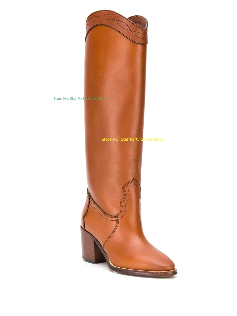 

High Quality Leather Woman Chunky Heel Knee High Boots Female Round Toe Shark Lock Decoration Slip On Black Brown Long Boots