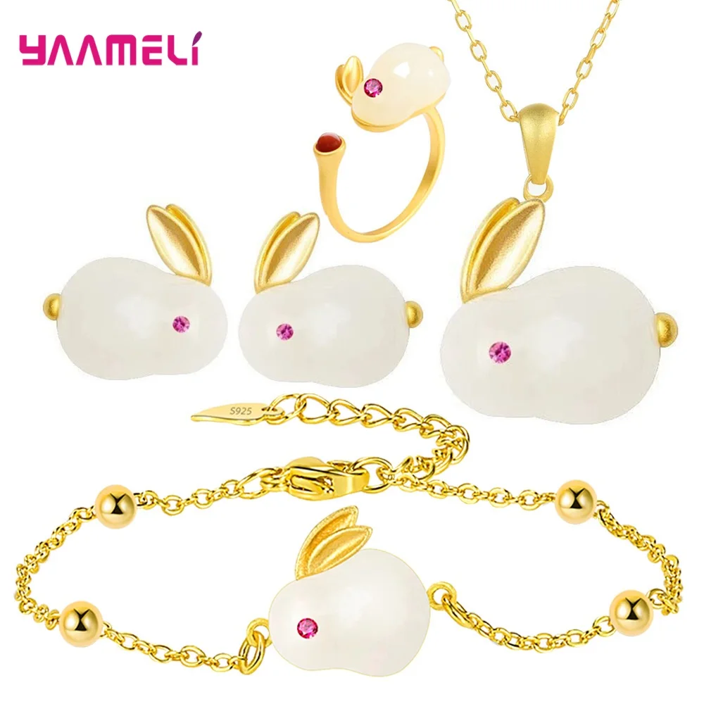 925 Sterling Silver Cute Rabbit Statement Collana Orecchini Anelli Bracciale Set Per Donne Ragazze 2023 Trendy All'Ingrosso