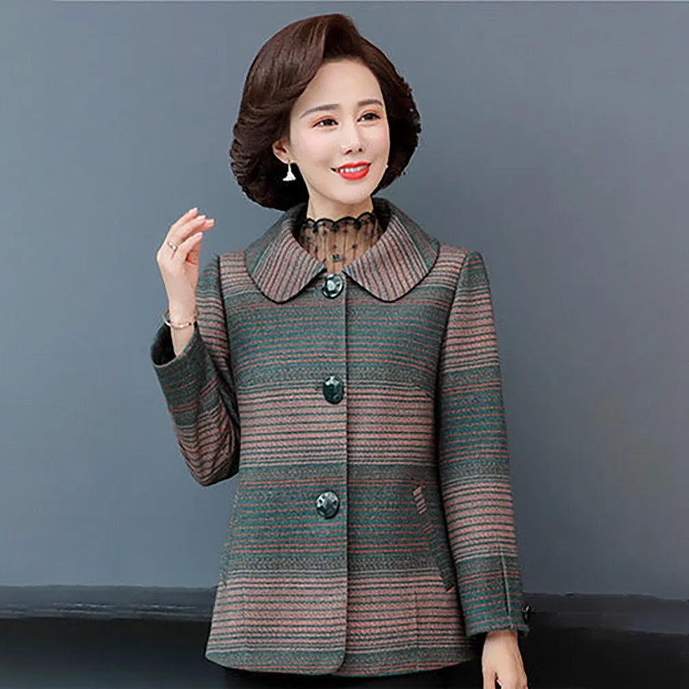 New Mother Autumn Short Coat Fashion Woolen Plaid Middle-Aged And Elderly Women Are Spring And Autumn Woolen Loose Casual Coat .