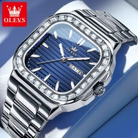 OLEVS 9966 Quartz Fashion Watch Gift Stainless Steel Watchband Square-dial Wristwatch Week Display Calendar