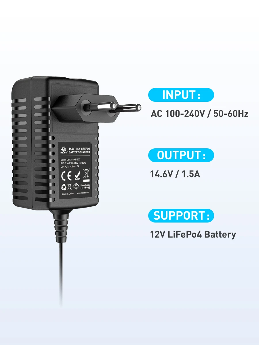 Melasta 14.6V 1.5A Lifepo4 Battery Charger For 12V Rechargeable Lithium Iron Phosphate Battery Pack