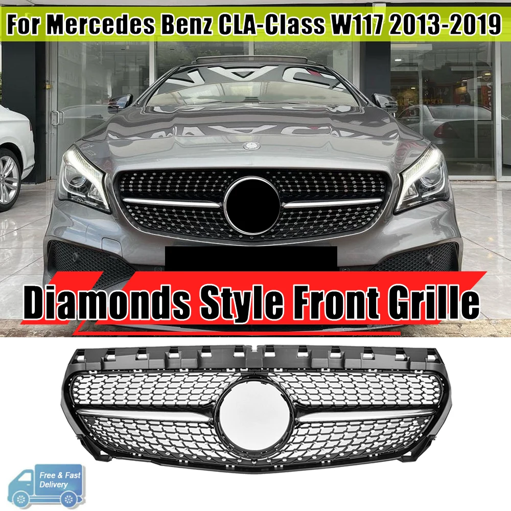 광택 블랙 다이아몬드 범퍼 그릴, 벤츠 CLA 클래스 W117 2013-2019 CLA180 CLA200 CLA250 CLA45 AMG 크롬 GTR 스타일 그릴