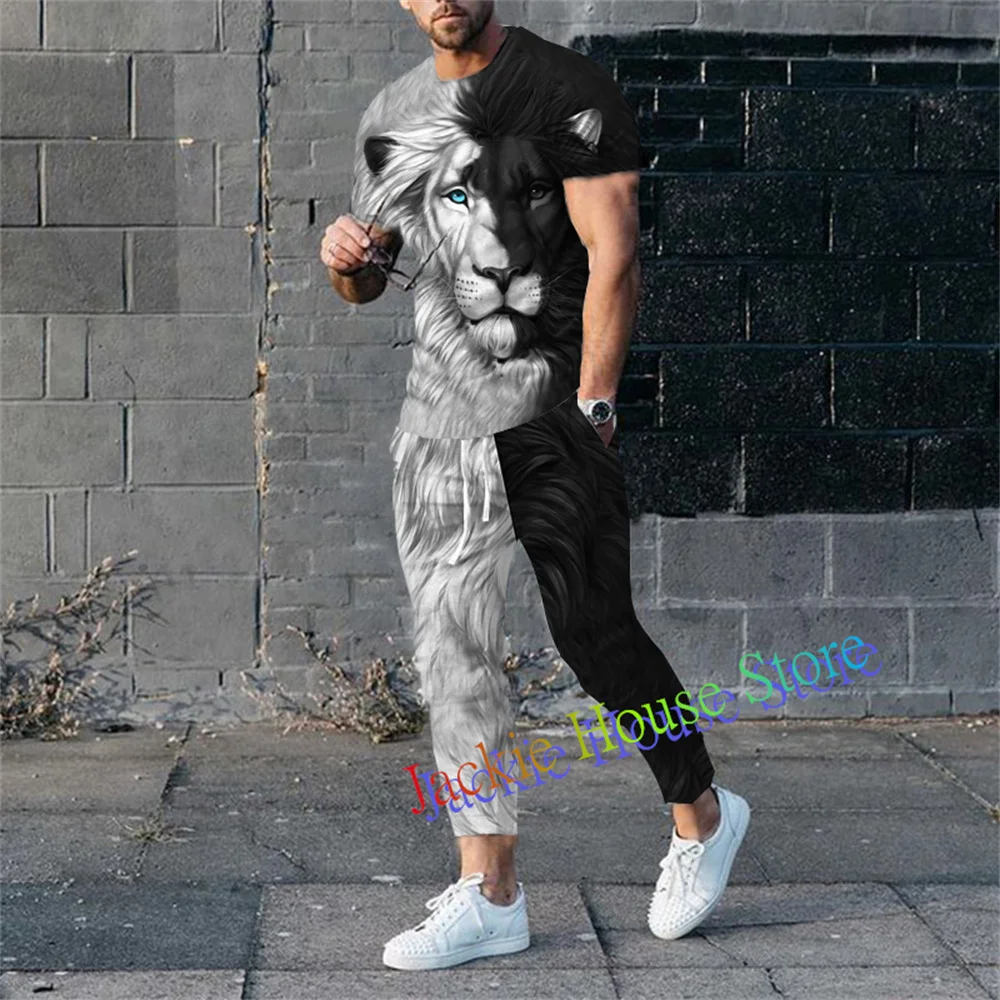 Men Fashion Trend T-Shirt Trousers Set Summer Aniaml Tracksuit Male Outfit 2 Pieces Casual Streetwear Suit Vintage Clothing