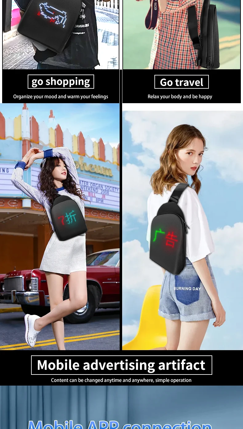 Led Bag APP Control Smart Pixel LED Backpack For Women Men DIY Graffiti Dynamic LED Messenger Bag Chest Sling Led Display