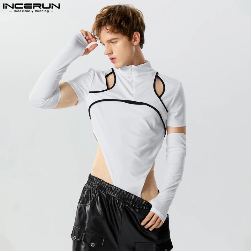 

INCERUN 2023 Sexy Men's Bodysuits Fashionable Deconstructive Design Rompers Male Hollow Half Thimble Long Sleeve Jumpsuits S-5XL